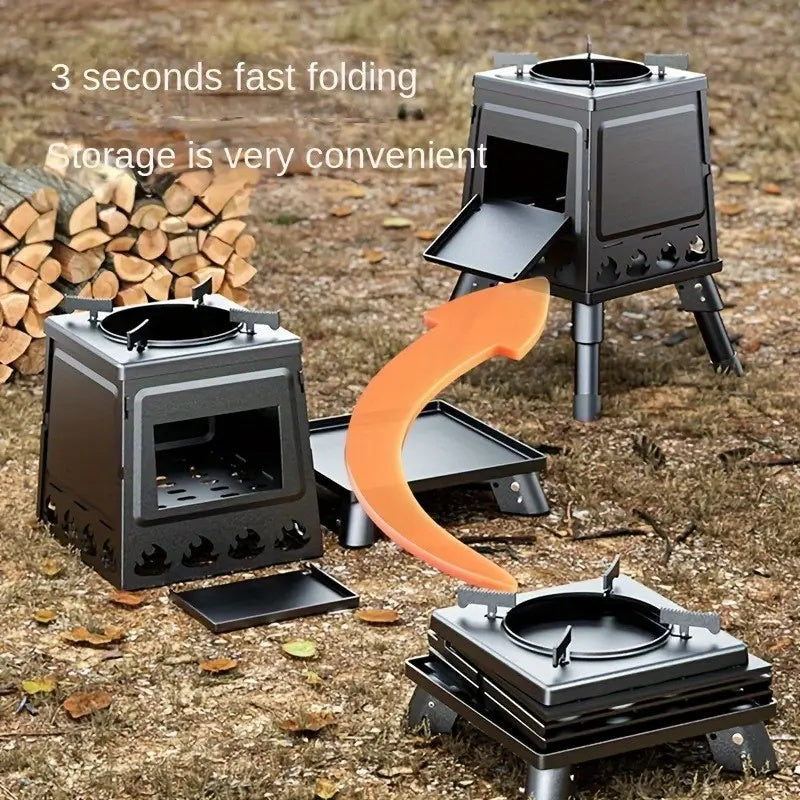1 Portable Folding Wood Stove, Suitable For Camping And Outdoor Barbecue - Durable Iron, No Need To Light Fire